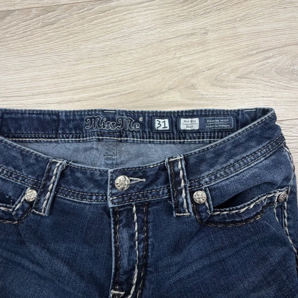 Miss Me Womens Mid Rise Bootcut‎ Jeans Dark Wash Contrast Stitch MS5012B8D Sz 31